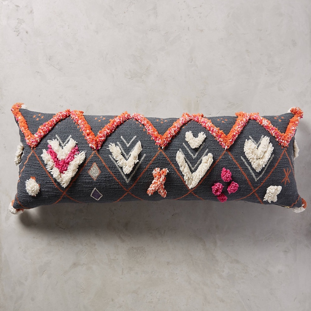 Anthropologie Textured Tasseled Shag Lumbar Pillow Cover Gray Boho Chic 40x14